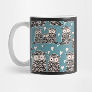 Folk Art Owls, Owlets and Hearts  Pattern on Teal Mug